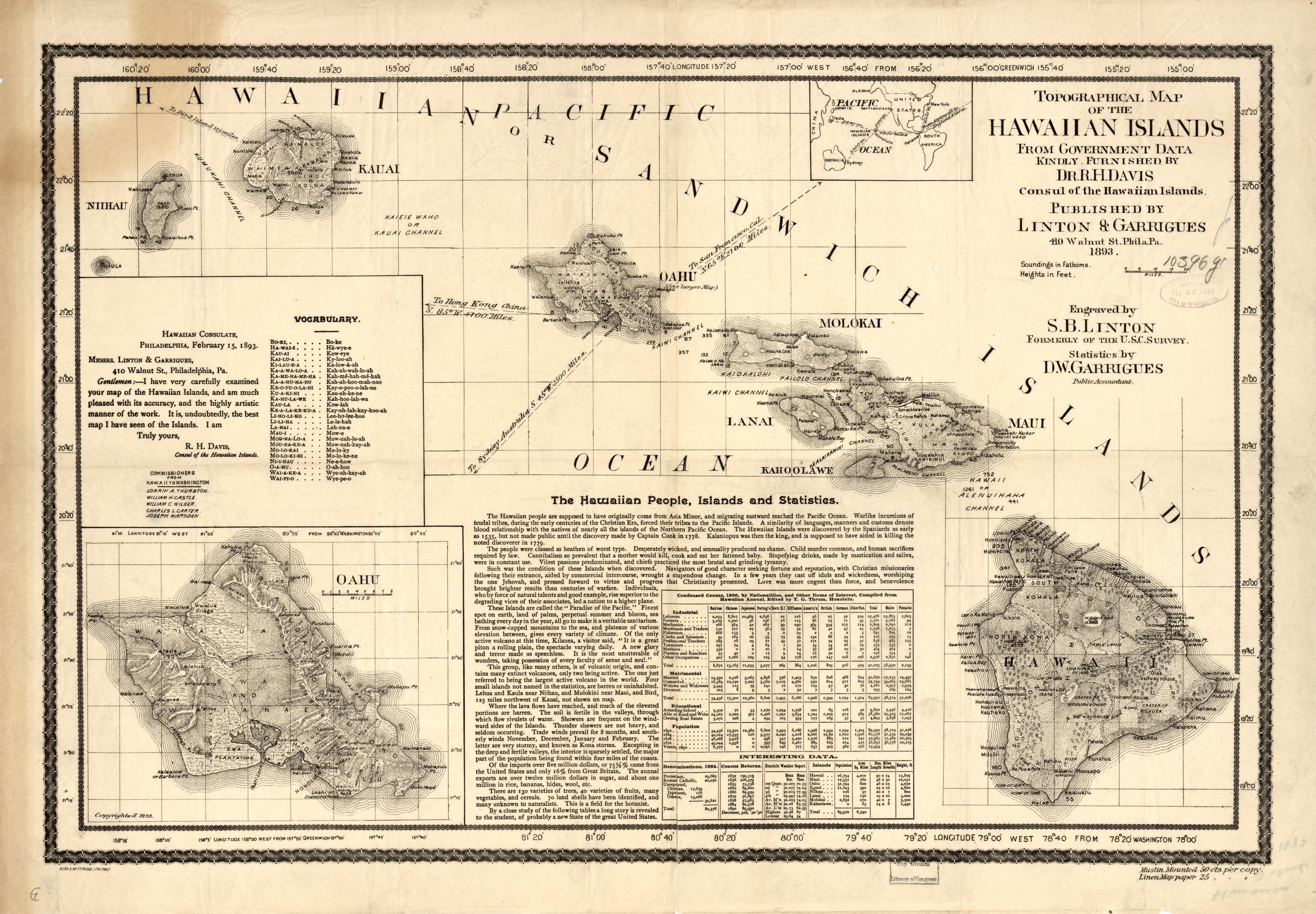 Map of the Hawaiian Islands, cream and black, inset of O‘ahu